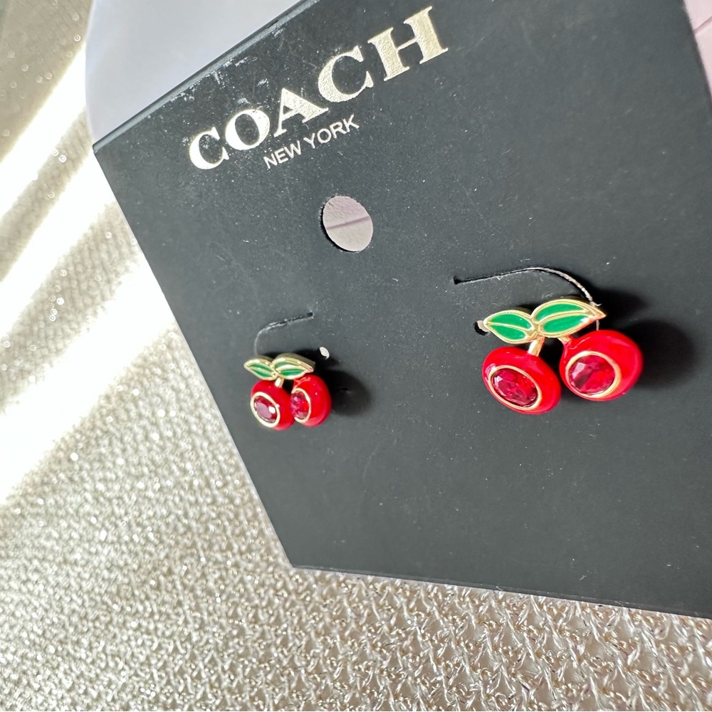 Coach Cherry Stud Earrings in Goldtone with Red and Green Enamel Accents - Picture 5 of 9